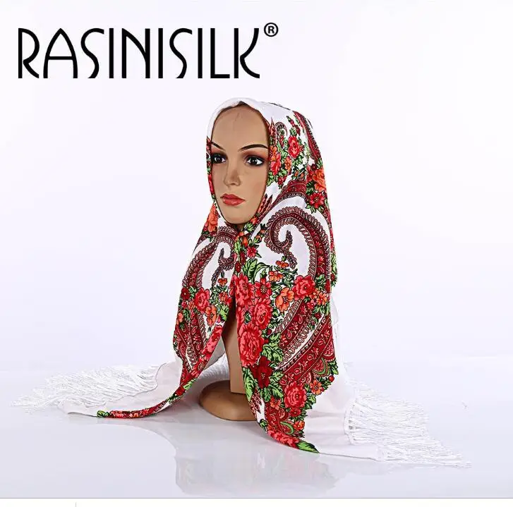 Русский Национальный стиль, женский большой шарф с кисточками, квадратный платок из пашмины, винтажный принт, зимний мусульманский хиджаб 120x120 см