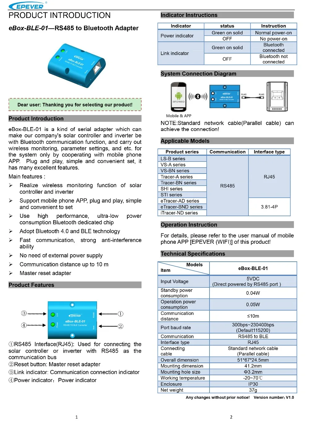 EPever Bluetooth коробка RS485 адаптер для EPever контроллер солнечной зарядки и связи через приложение мобильного телефона eBox-BLE-01