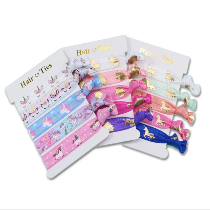 

5/8"FOE ties Unicorn printed Knotted Girl FOE Hair Ties Fold Over Elastic Hair Accessories 50pcs/lot(10 cards)