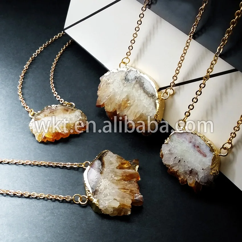 

WT-N192!Double loops yellow druzy at gate necklace with gold trim on edged