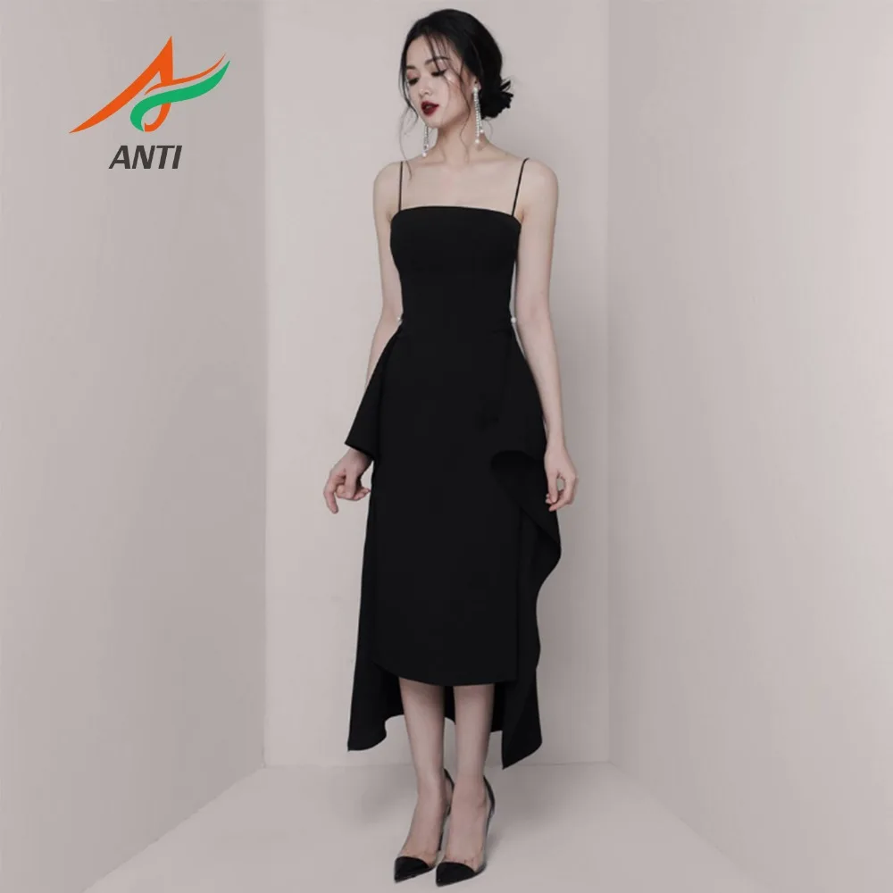 

ANTI 2019 Elegant Black Satin Long Graduation Dresses Spaghetti Strap Strapless Tea-Length Sleeveless With Pearls Sash For Woman