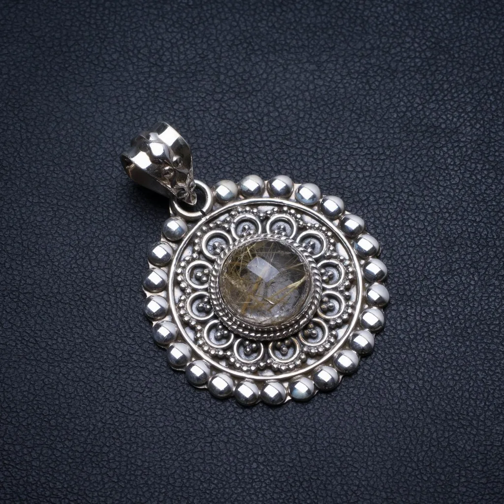 

Natural Golden Rutilated Quartz Handmade Vintage 925 Sterling Silver Pendant 1 1/2" T2890