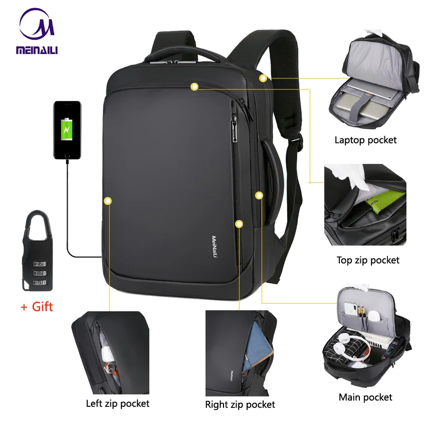 

USB Charging Backpack Waterproof Business Travel For Men Teenage School Bag Large Capacity Backpack Black