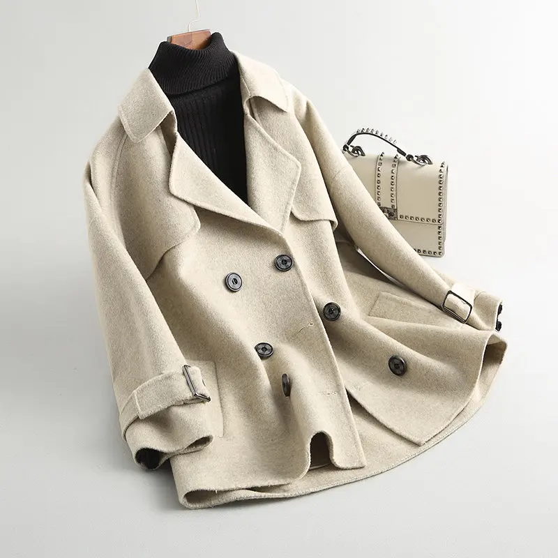 Buy Spring Autumn Woolen Coat for Women Raglan Sleeves Solid Color Double