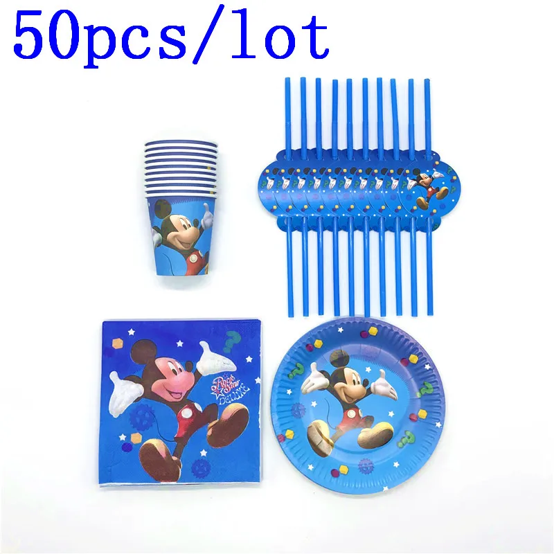 

50Pcs/Lot Disney Mickey Mouse Theme Disposable Tableware Wedding Child Birthday Party Cup Plate Napkin Straw Decoration Supplies