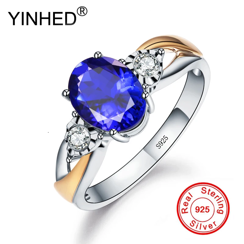 

YINHED Women Luxury Blue Cubic Zircon CZ Stone Open Ring 100% 925 Sterling Silver Wedding Jewelry Adjustable Size Ring ZR510