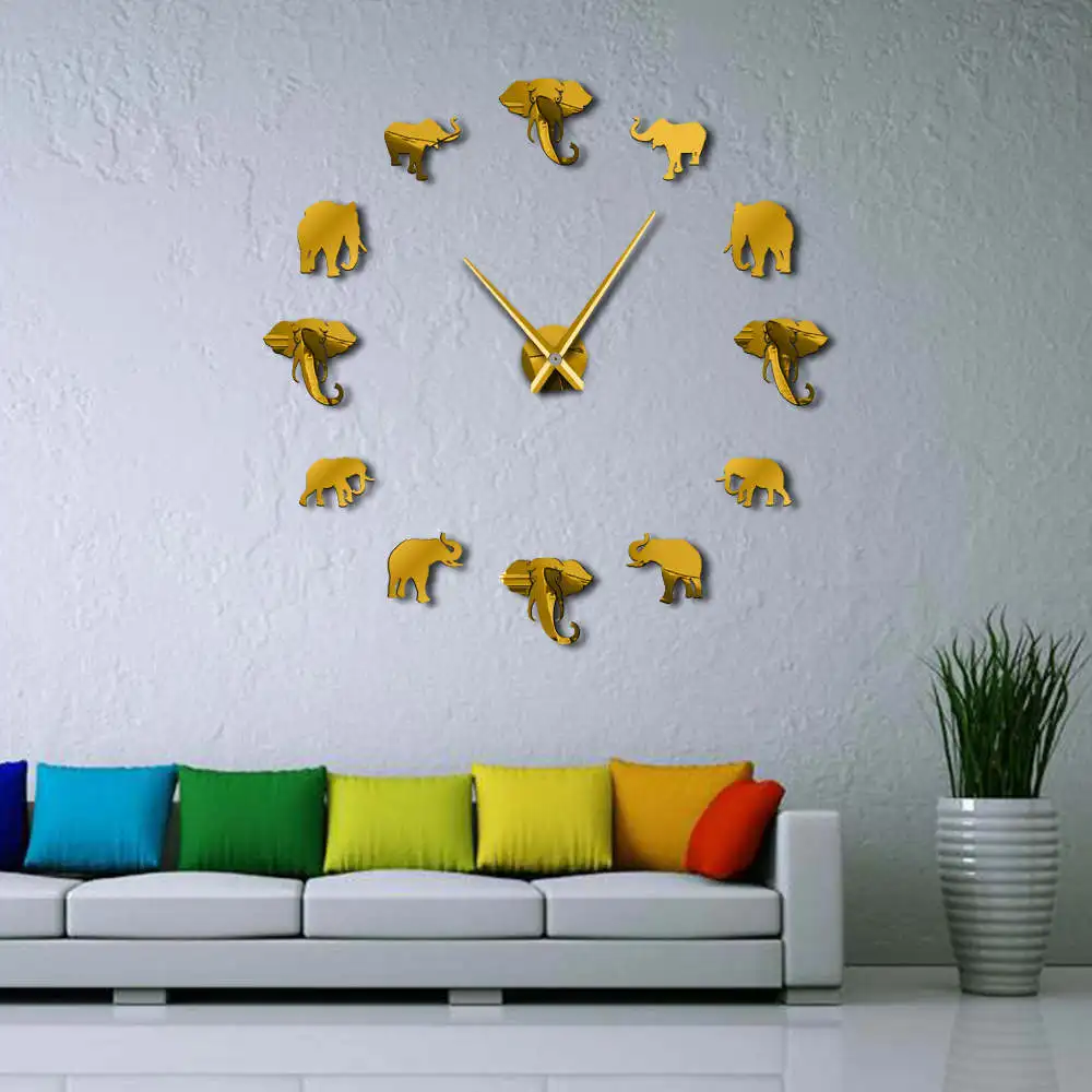 

DIY Large Wall Clock Modern Design Jungle Animals Elephant Zoo Decor 3D Mirror Effect Giant Frameless Wall Watch Wall Sticker