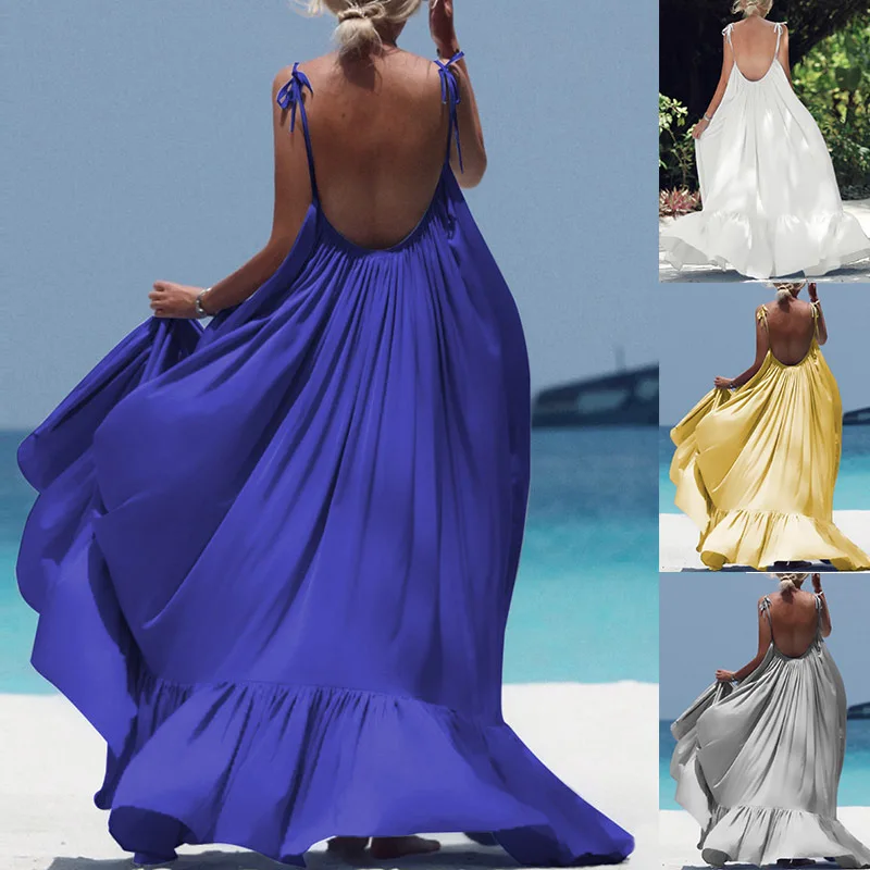 

Women Sleeveless Halter Summer Holiday Solid Color Long Blouse Irregular Party Long Dress