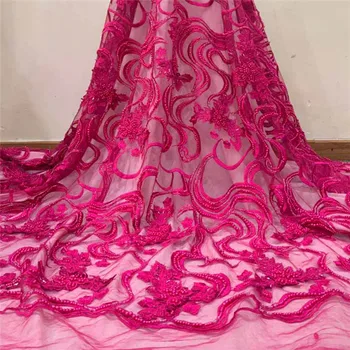 

Gorgeous fuchsia hand-made French lace flower embroidery net lace fabric with beads for wedding/party dress HNZ227(5yards/lot)