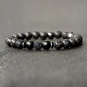 

Classic Natural Lava Stone Bracelet Men Micro Pave CZ 8mm Disco Ball Charms Bracelets For Women Fashion Jewelry Viking Bijoux