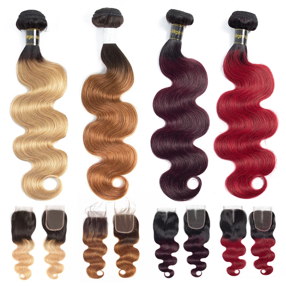 

LS Hair 1b/red /Burgundy/27/30 ombre body wave hair bundles with closure pre-colored remy human hair bundles with frontal