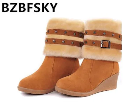 BZBFSKY2018 теплые зимние сапоги мода пряжки заклепки женские ботильоны 2-Одежда клинья Для женщин отбортовки обувь больших размеров - Color: Yellow