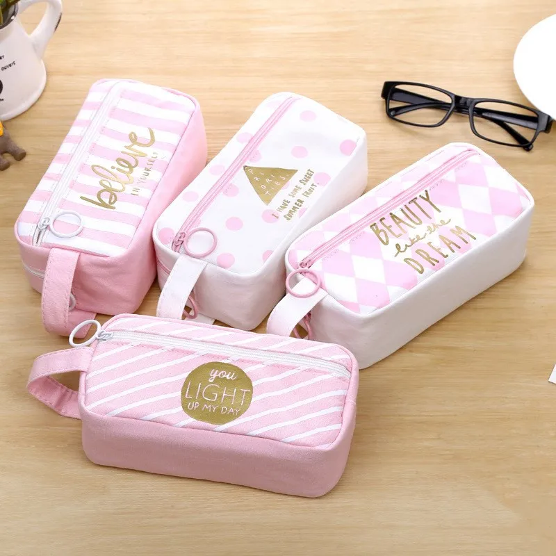 

1pc Cute Pink Large Capacity Canvas Cute Pencil Case Girl Pencil Case Students Stationery for Office and School Supplies