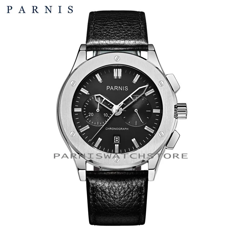 Повседневные модные мужские часы Parnis 41 мм Мужские наручные часы s Qaurtz хронограф черные кожаные Авто Дата Мужские кварцевые военные часы - Цвет: 2