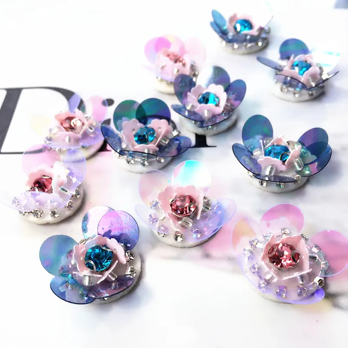 

1pcs pink/blue flowers sequins Rhinestones Beaded patch Lace applique patches wedding dress shoes patch DIY garment accessories