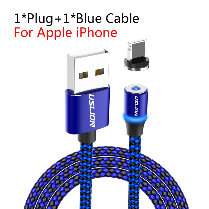 USLION 1 м 2 м светодиодный магнитный кабель USB type-C и Micro USB для iPhone Xs Max 8 7 6 для samsung Xiaomi HUAWEI зарядный кабель - Цвет: For iPhone Blue