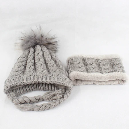 Меховая шапка с вязаным помпоном, детская зимняя шапка, флисовая внутренняя защита ушей, вязаная шапка, теплая вязаная шапка и шарф, комплект для детей - Цвет: gray fur pom