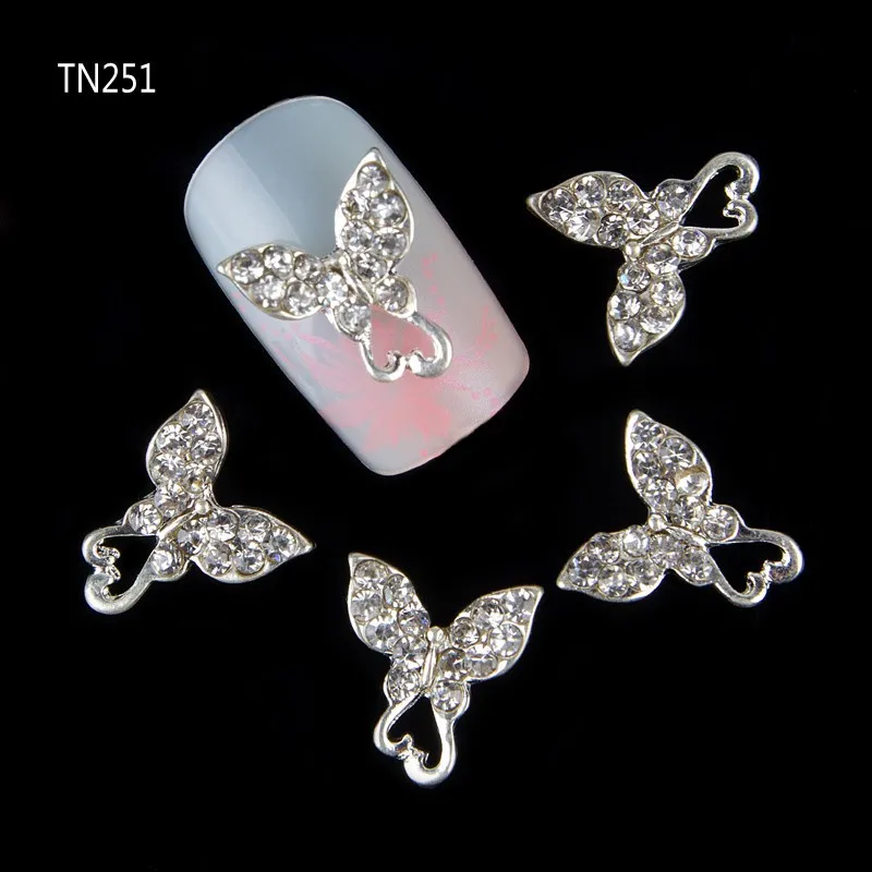 10 шт./упак. Серебряные; золотые блеск 3D сплава бабочка Дизайн ногтей советы Аксессуары с полной Стразы Подвески-талисманы для NailsTN251-TN254