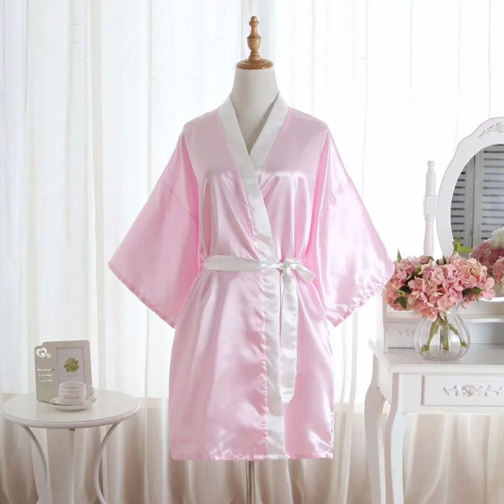 Pink Women Silk Satin Wedding Bride Bridesmaid Robe Short Peony floral