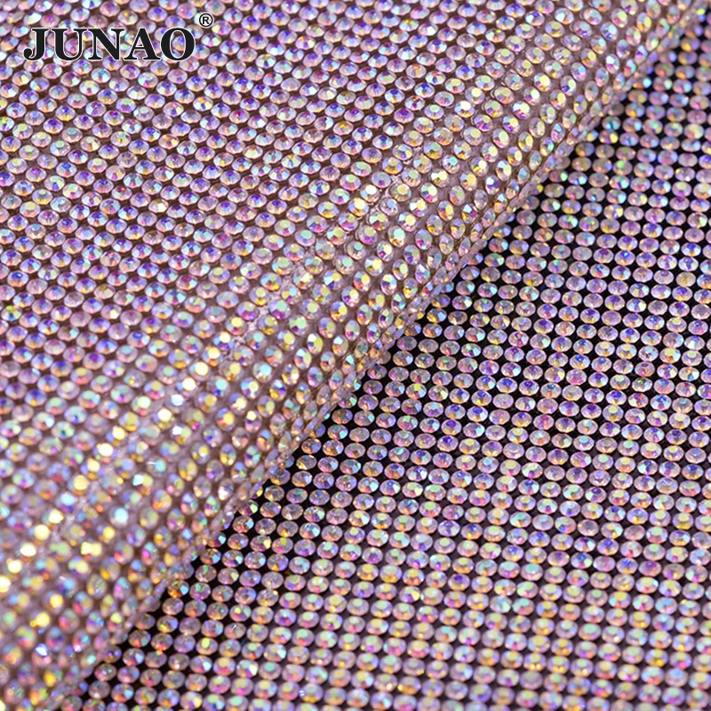 

JUNAO 24*40cm Hotfix Crystal AB Rhinestones Fabric Trim Glass Mesh Crystal Beads Appliques Banding In Roll for DIY Dress Jewelry