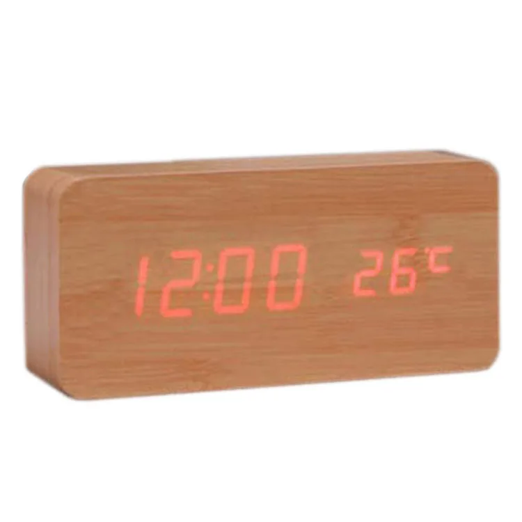 

"Voice Control Calendar Thermometer" Rectangle Wood Wooden LED Digital Alarm Clock USB/AAA Bamboo Wood Red LED