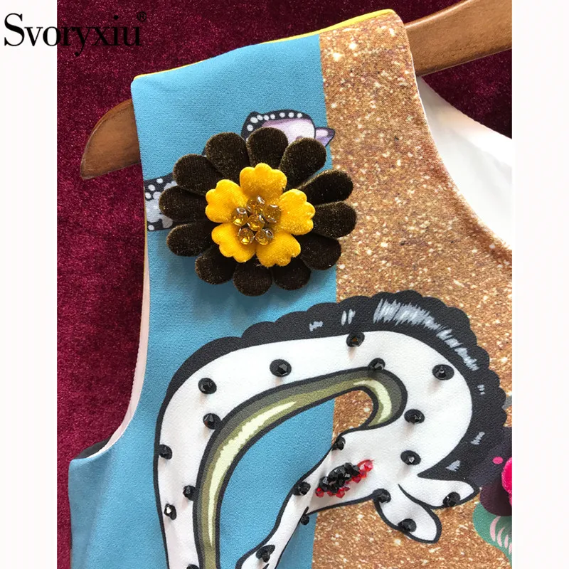 Svoryxiu Elegant Runway Summer Sleeveless Dress Women's luxury Beading Appliques Cartoon Leopard Print Party Dresses Vestdios