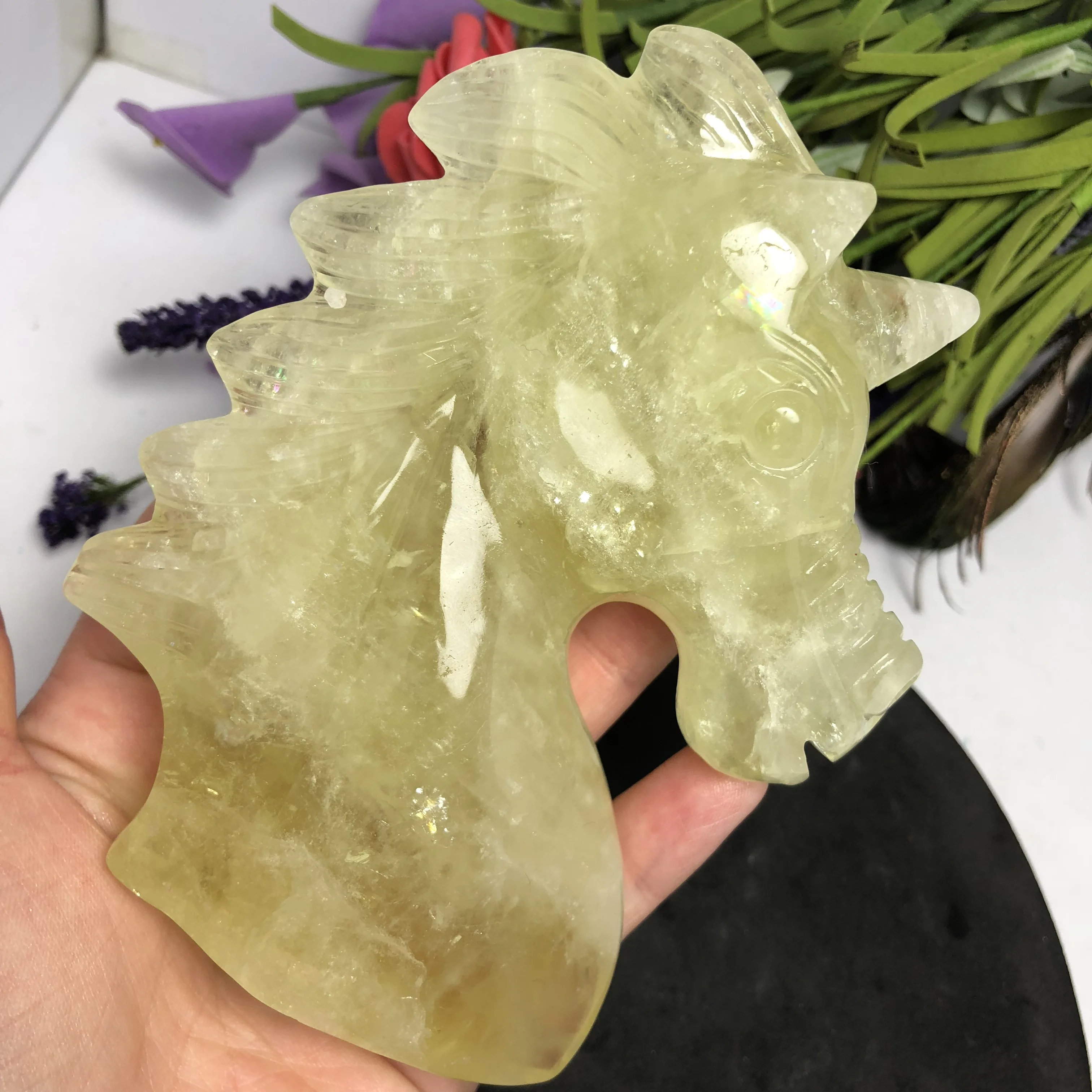 

Natural yellow crystal unicorn hand carved polished rare gem home decoration