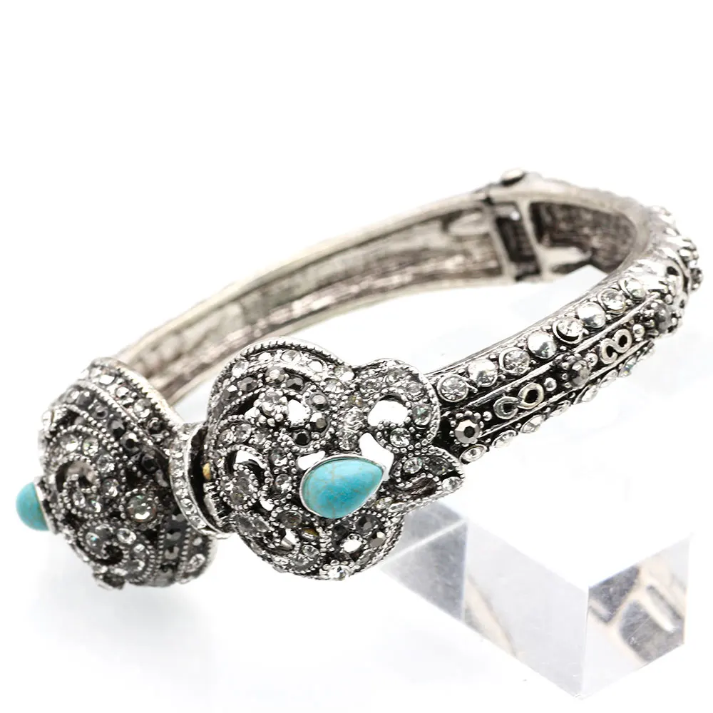 SUNSPICE-MS retro silver color turkish flower bangle for women ethnic wedding rhinestone jewelry vintage indian cuff bracelet