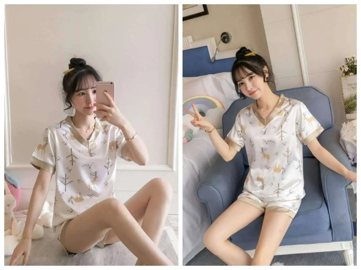 Pajama girls summer ice silk short sleeves two pieces of suit Korean fresh sweet lovely students thin silk home clothes