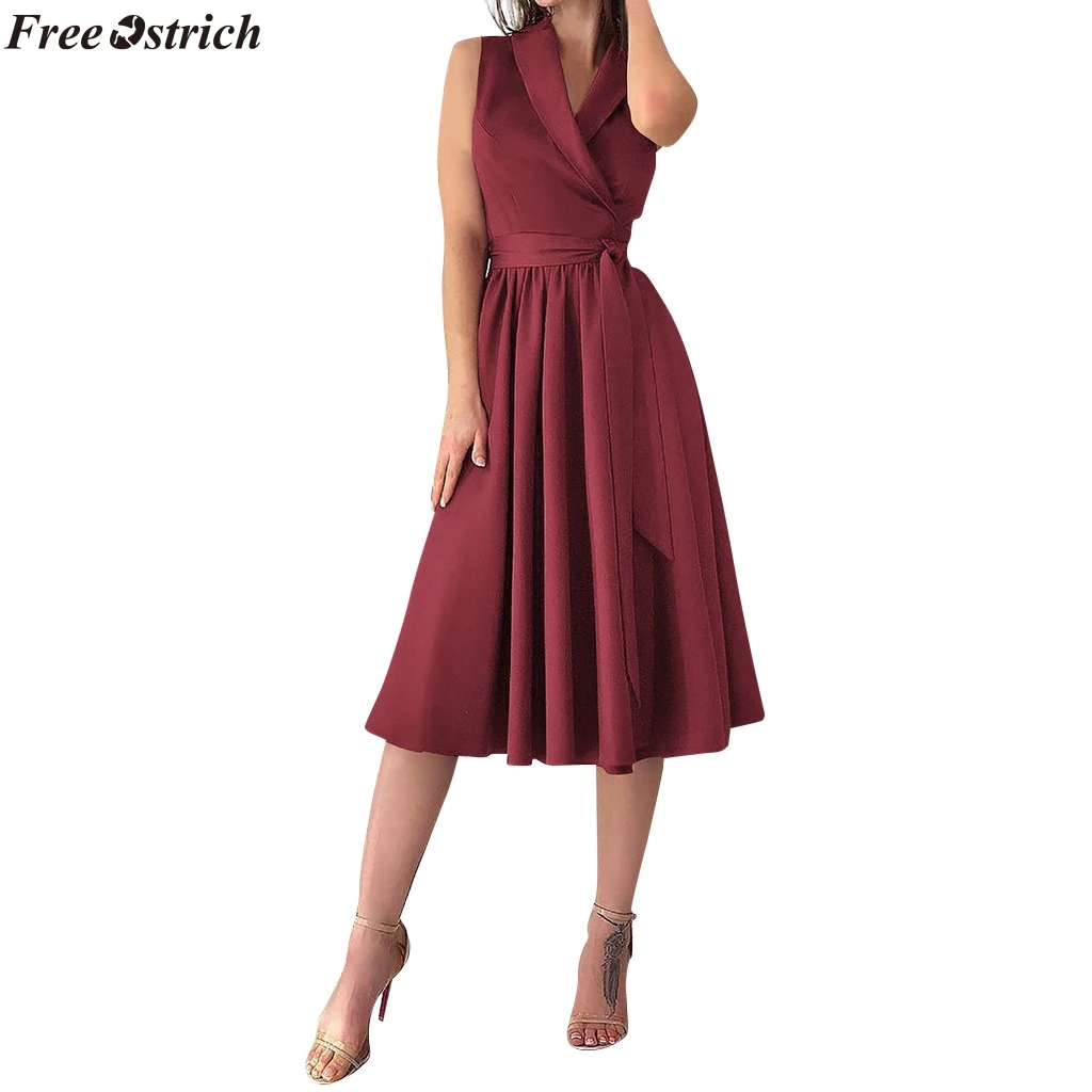 

FREE OSTRICH Women Fashion Dresses Holiday Sexy Sleeveless Bowknot Ladies Summer Beach Buttons Party Dress Elegant Sundress