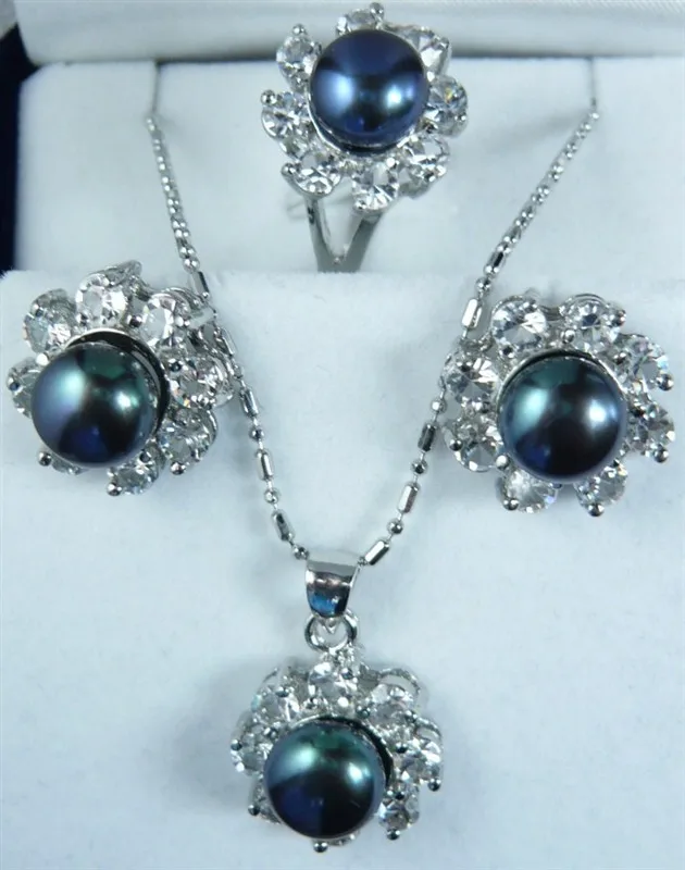 

Hot sell Noble- hot sell new - wholesale simple dark blue shell pearl silver plated pendant earring and ring(#7.8.9) jewelry set