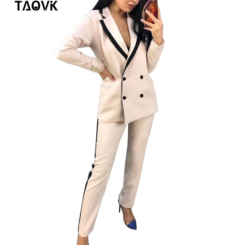 

TAOVK Work Pant Suits OL 2 Piece Set for Women Colorblock Collar Double Breasted Blazer and Straight Pants Office Lady Suit