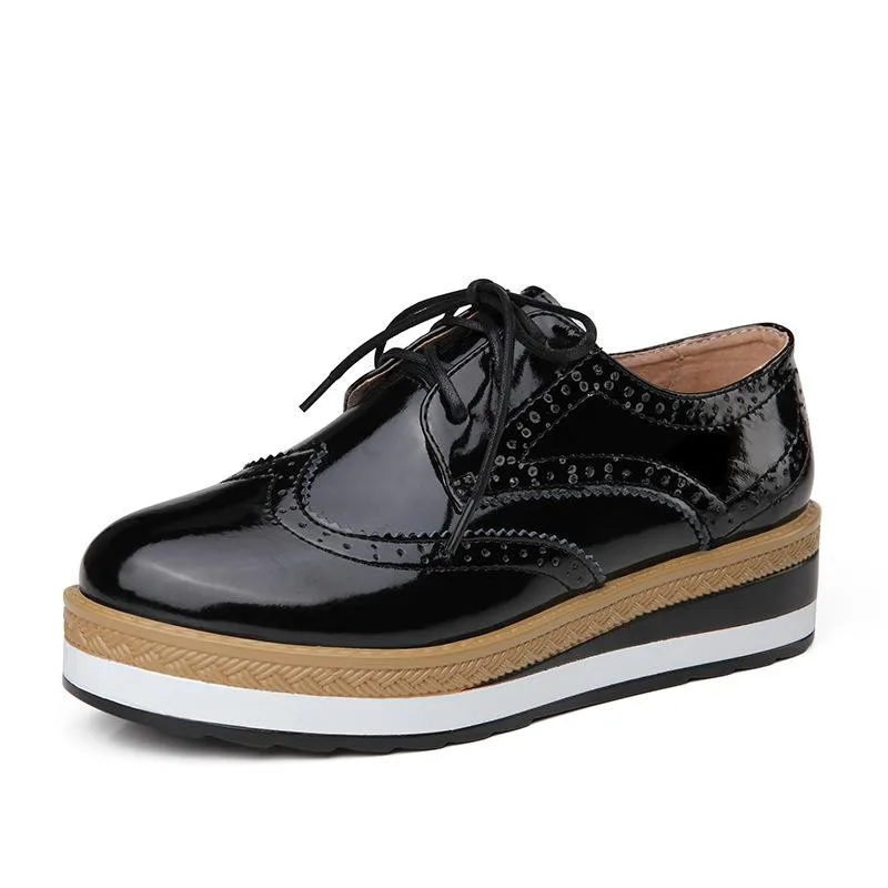 

2019 Lace-up Ladies Walking Shoes Carved Leather Platform Women Casual Shoes Sewing Women Shoes Block Zapatos Chaussure Femme