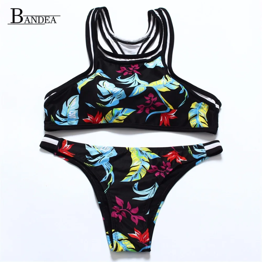 2016 New High Neck Small Vest Style Crop Top Bikini sets Beachwear Swimsuit Bandage Halter Women