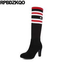Протяжение на каблуке длинный высокие сапоги толстый обувь черный носок ботфорты Бедро для женщин плюс размер 13 45 вязать слипоны марка Тонкие 12 44 замша женский китайский мода женская