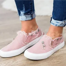 Летняя женская повседневная обувь с круглым носком; женские дышащие кроссовки; парусиновая обувь на платформе на молнии; женские джинсовые Лоферы без застежки; A448