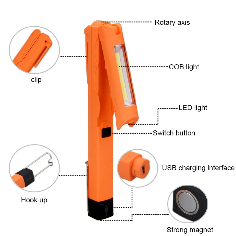 Зарядка через usb порты и разъёмы перезаряжаемые COB светодио дный светодиодный свет работы Магнит База, клип крюк Фонарик складной фонарь