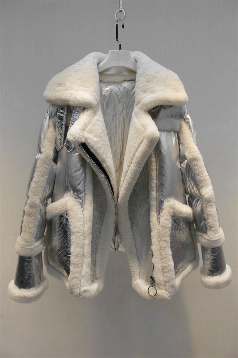 Зимняя женская белая куртка-пуховик на утином пуху, женское пуховое пальто, теплая водонепроницаемая парка на молнии с воротником из овечьего меха