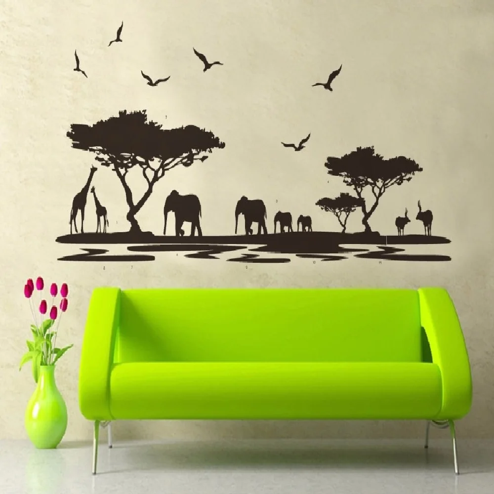 Черная Африка лес Siloutte настенные наклейки для гостиной украшения дома фон ПВХ самолет животное настенные двери Diy обои