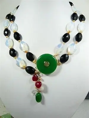 

Shipping>>new hot New Design 2 Strands Pink Pearl Red&Green Jade Onyx Moonstone Necklace