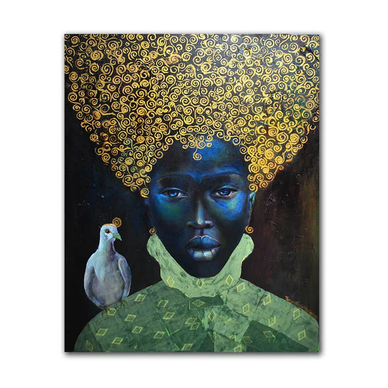 GoldLife, африканская живопись на холсте, настенная живопись, картины, плакаты и принты, черная женщина с птицей на холсте, настенные картины - Цвет: GL1125