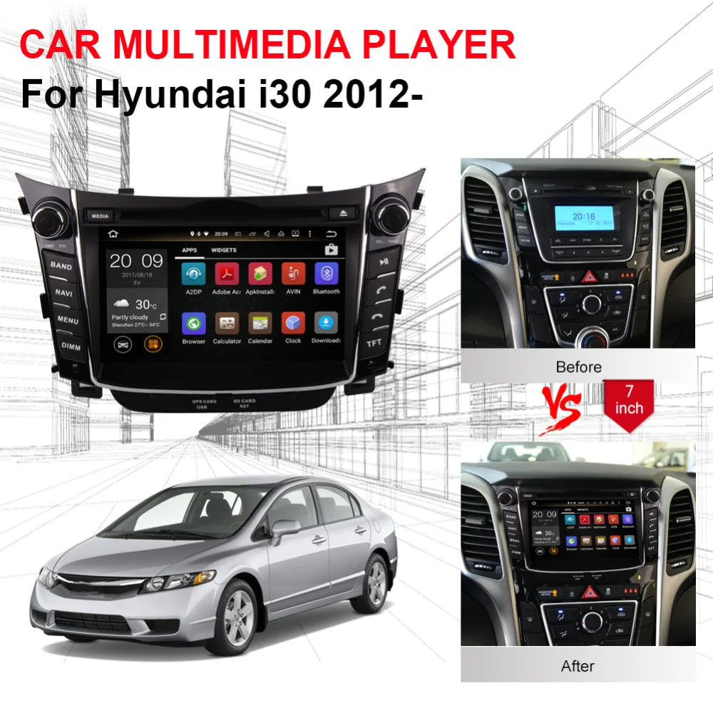 4 ГБ ОЗУ Android 8 0 Восьмиядерный 7 ''ЖК-dvd-плеер для автомобиля Hyundai i30 2012-Радио