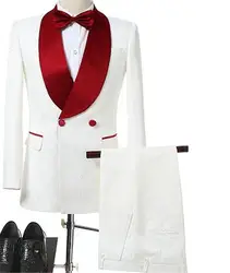 Terno Masculino двубортные Свадебные смокинги для жениха, Красная шаль с отворотом, 2 шт., на заказ, формальные мужские костюмы (куртка + брюки)