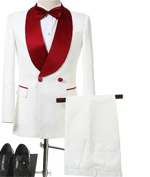 

Terno Masculino Double Breasted Wedding Tuxedos for Groom Red Shawl Lapel 2Piece Custom Made Formal Men Suits (Jacket + Pants)