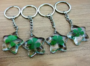 

free shipping 20 pcs key ring real lucid five star shamrock sample four leaf clover keychain