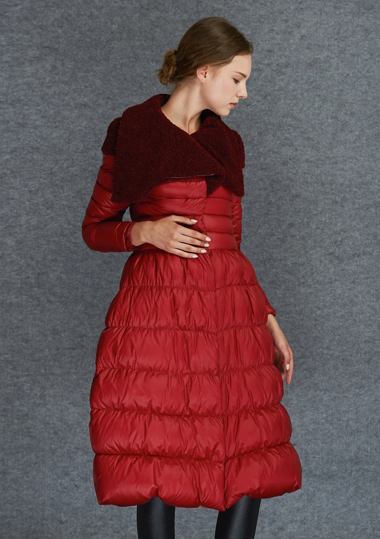 YMOJNV Новинка темпераментная элегантная юбка стиль красный пуховик с воротником из овечьей шерсти Модный зимний длинный пуховик для женщин