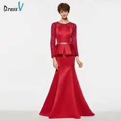 DressV темно-красные длинные для матери невесты платье развертки Поезд с длинными рукавами настроены бисером атласные мать длинное вечернее