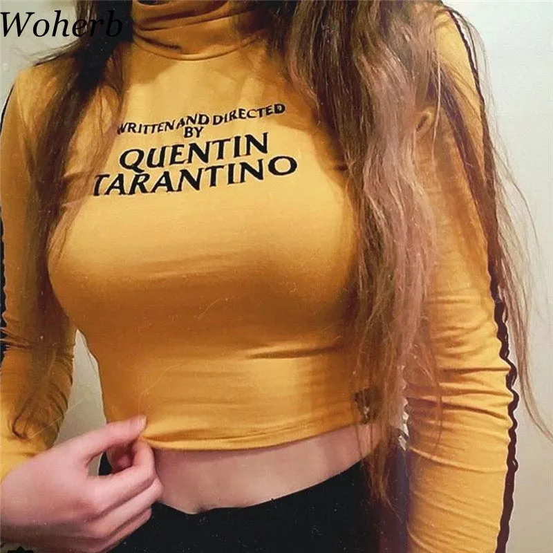 

Woherb 2019 Sexy Long Sleeve Crop Top Female Harajuku Turtleneck T Shirt Women Casual Sexy Yellow Top Print Letter Tees 20036