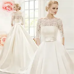 Robe De Mariage 2017 свадебное платье в стиле бохо с вырезом лодочкой кружевные свадебные платья атласные с пятым рукавом бант пояса корт Поезд Vestido