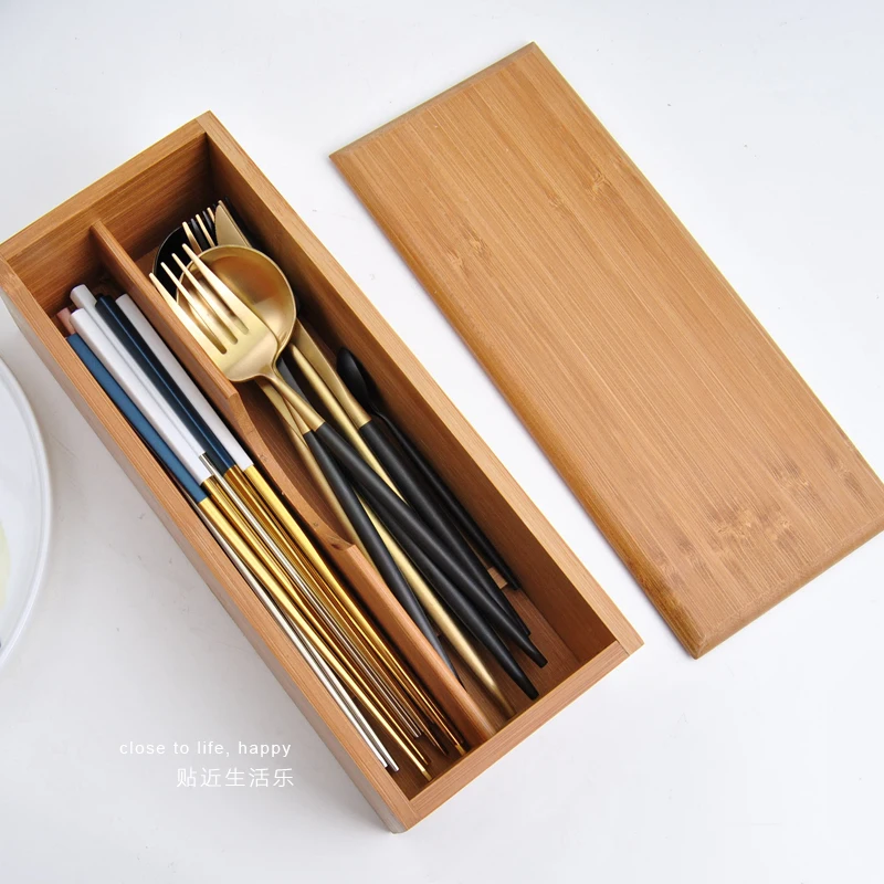 Bamboo Tableware Storage Box with Cover Natural Wood 2 Slots Utensils